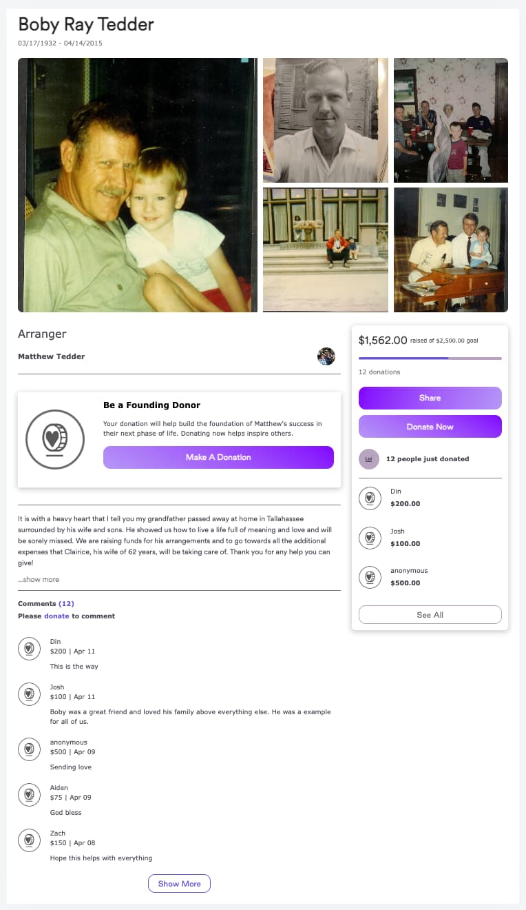 Example of an Inpeace memorial fundraiser page showing photos, donation progress, and donor comments
